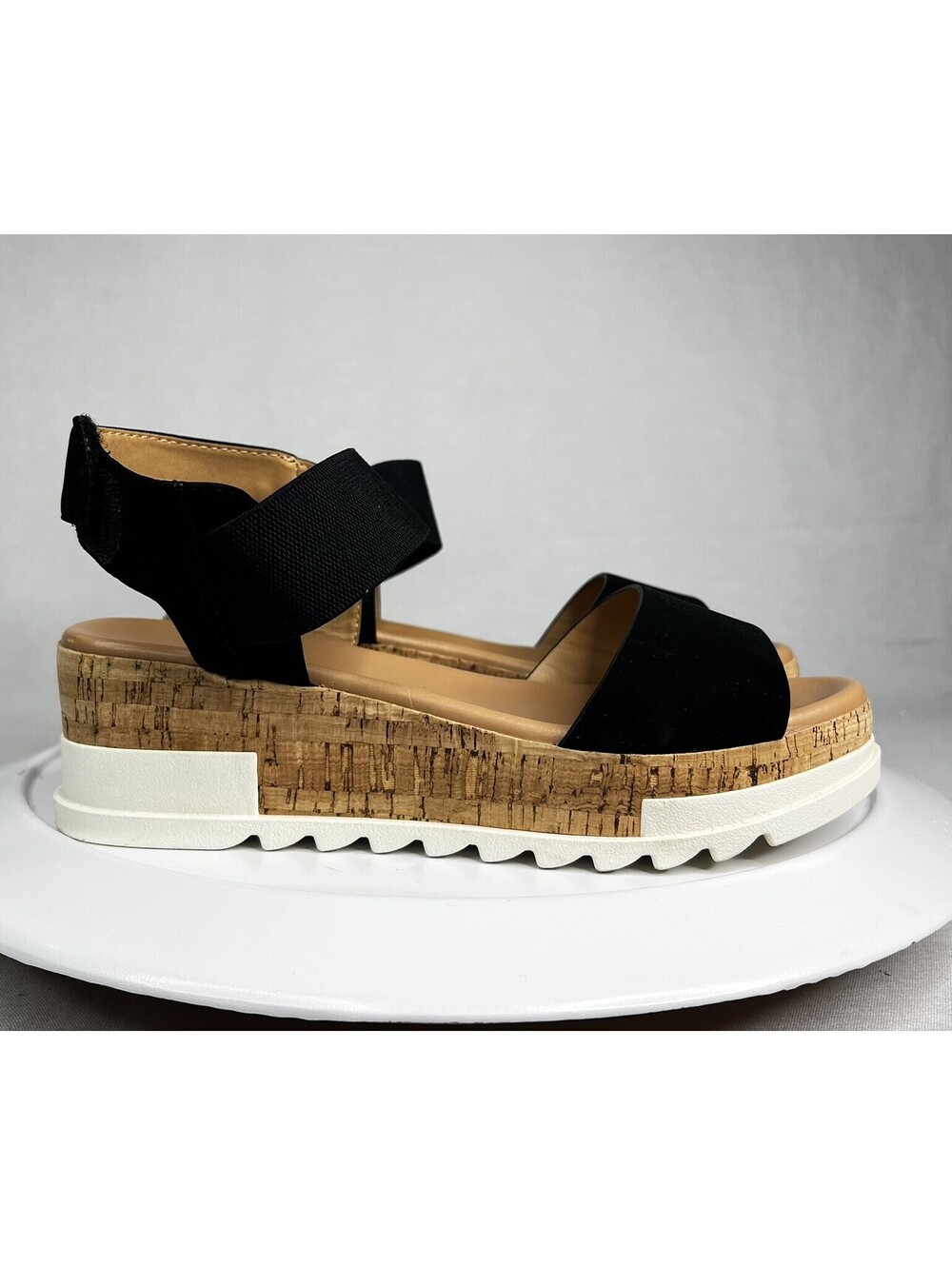 Soda Black Open Toe Faux Leather - Ankle Strap Cork Wedges Sandals Women’s Sz 9